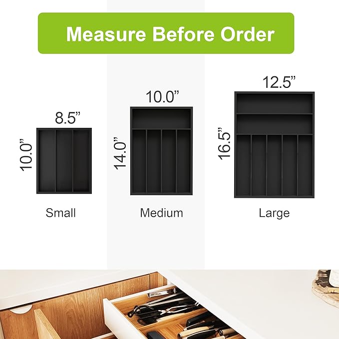 Unibambou Sliverware Organizer, Bamboo Kitchen Drawer Organizer, Flatware Organizer Tray Holder for Sliverware, Utensil & Cutlery (Black, 7 Slots)