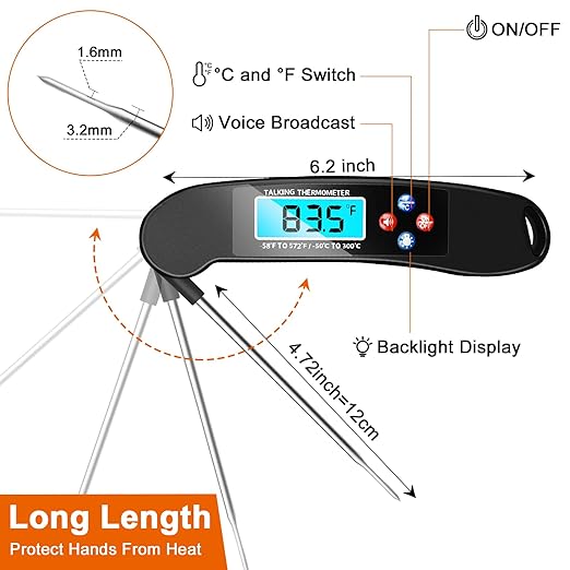 Digital Talking Thermometer for The Blind, Waterproof Instant Read Food Thermometer with Talking Function & Backlight, Meat Thermometer with Probe for Cooking and Grilling, and More