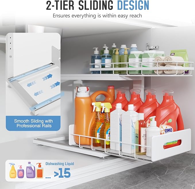 Under Sink Organizer Upgrade To Professional Rails,2-Tier Dual Pull Out Cabinet Storage,Height Adjustable Slide Out Drawers For Bathroom Kitchen,1 Pack-18.5"Dx12.8"-16.9"H,White