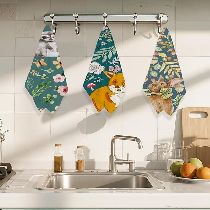 3Pcs Animal Flower Kitchen Towels, Fox Bunny Microfiber Dish Cloth Tea Towel, Reusable Waffle Hand Towels for Bathroom kitchen Home Farmhouse Decor, Raccoon Gifts for Women Mom Friend, 24x14 Inch