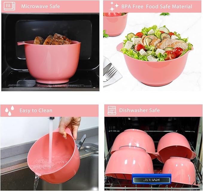 BoxedHome Nesting Plastic Mixing Bowl Set With Pour Spout, Microwave and Dishwasher Safe, BPA free Non-Slip Base, Set of 4 Size 1.7, 2.5, 3.5 and 4.5qt, Great for Prepping, Baking