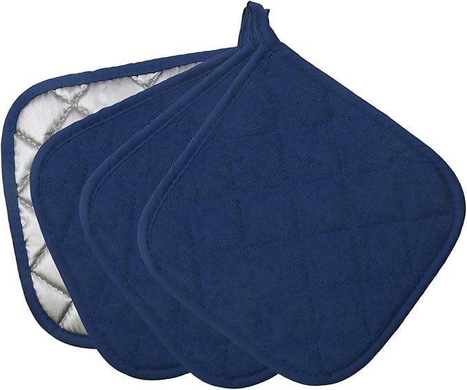 4 Pcs Quilted Pot Holder, Cotton Heat Resistant Hot Pads for Kitchen, Countertops, Oven Pot Holders (Blue)