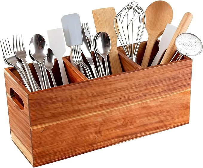 Wooden Utensil Holder for Kitchen Counter, 12'' Extra Large Acacia Kitchen Utensil Holder with 3 Removable Compartments, Wood Utensil Organizer Storage for Cooking Tools and Cutlery