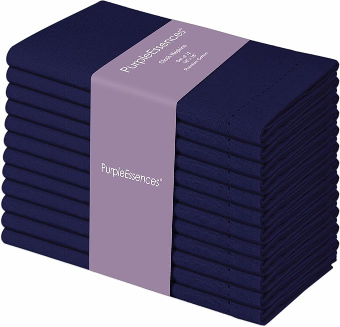 PurpleEssences Set of 12 Hemstitch Cloth Dinner Napkins 100% Cotton - Soft Durable Washable - Ideal for Wedding Spring Easter Summer - Perfect Everyday Use Table Linen 18x18 - Navy Blue