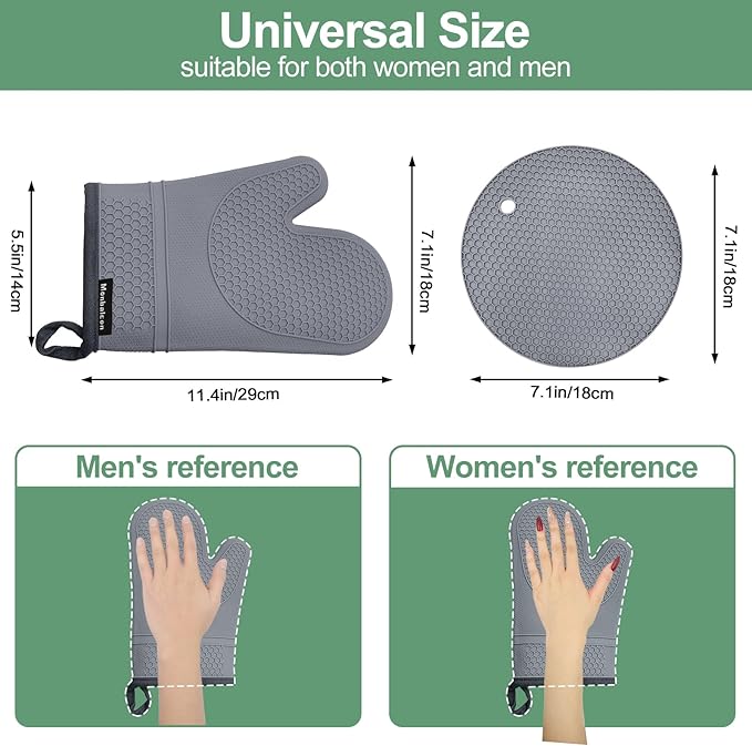 3PCS Silicone Oven Mitts and Pot Holders Sets for Kitchen, Oven Gloves Heat Resistant 500°F, Non-Slip Silicone Potholder 7.1”, Thick Oven Mitts & Thick Hot Pads Protection for Cooking, Grey