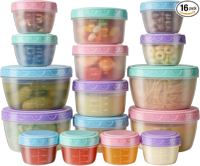 32 PCS Freezer Storage Containers with Lids, 16 Containers & 16 Lids Reusable BPA Free Plastic Soup Jars, Leakproof Salad Dressing Container to Go, Dishwasher & Microwave Safe Small Bowl Set