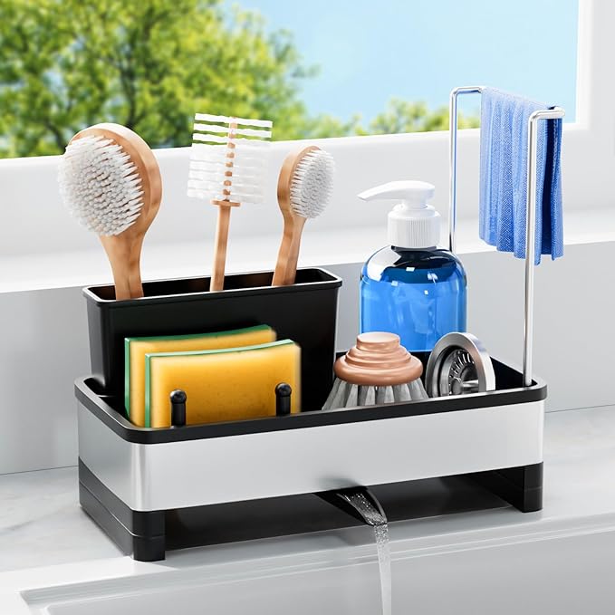 Laveshop Sponge Holder for Kitchen Sink, Rustproof Stainless Steel Sink Caddy with Auto-Drain, Removable Brush Holders, Soap and Dishcloth Organizer, Black