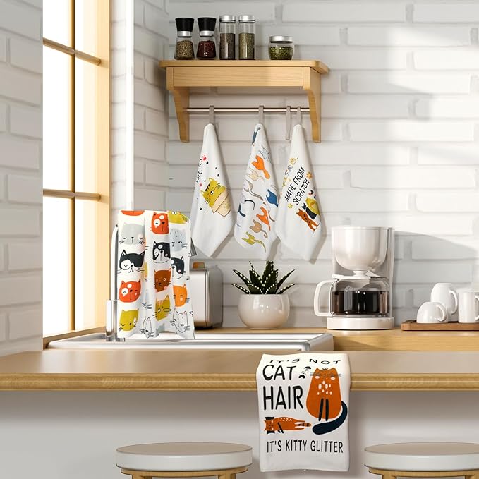 TecUnite 6 Pcs Cat Kitchen Towels Set Funny Cat Tea Towels Cute Dish Towel Decorative Hand Towel Cats Lover Gifts for Cleaning Drying Wiping Tasks Cats Owners Women Mom Housewarming Gifts Decor