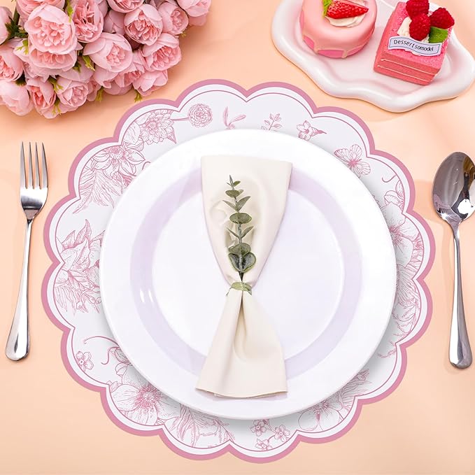 60 Pcs Pink Floral Paper Placemats, 13.5 Inch Disposable Scalloped Table Mats Wedding Placemats, Vintage Floral Banquet Place Mats for Table Setting Mother's Day Anniversay Wedding Bridal Tea Party