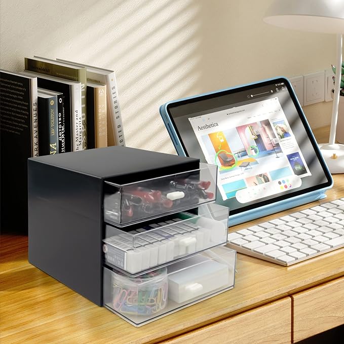 Desk Organizer with Drawer, Desk Storage Box, Plastic Office Stationery Supplies Organizers, Desktop Organizer for Office School Home (3 drawer, Black)