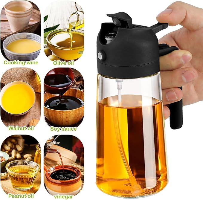4 Pack 16oz/470 ml Olive Oil Dispenser Bottle 2 in 1 Clear Glass Oil Sprayer and Container Refillable Vinegar Dispenser with Automatic Cap Portable Spray Bottle for Cooking Baking Black