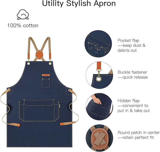 Chef Apron with Cross Back Straps for Men Women, Cotton Canvas Apron for Artists Painting, Kitchen Cooking