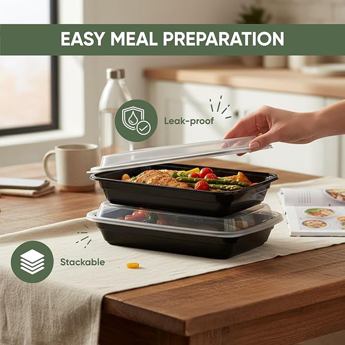 50 Pack (100 Piece) 32 oz Meal Prep Containers Reusable BPA Free Leakproof Stackable Food Storage Containers with Lids, Microwave & Dishwasher Freezer Safe To Go Bento Box Style Take Out Clear Plastic