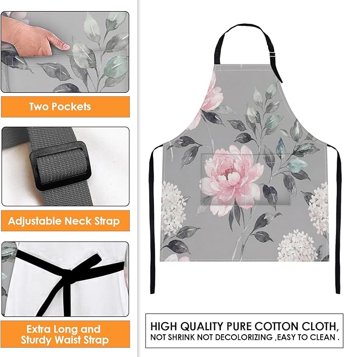 Britimes Spring Flowers Leaves Floral Apron Home Kitchen Cooking Baking Gardening for Women Men with Pockets 32x28 inch