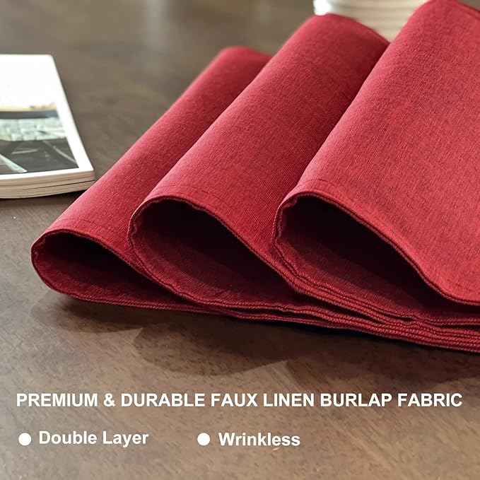 Linen Table Runner and Placemats Set of 6, Farmhouse Style Tabletop Collection, Thick Double Layer Heat-resistand Table Mats for Kitchen, Dining, Holiday Party by Auscmu TC/ Wine Red