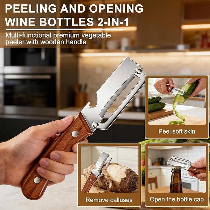 Multi-Functional Vegetable Peeler for Kitchen, With Wooden Handle and Bottle Opener, Comfortable and non-slip handle Stainless Steel Blade Easy to Clean for Fruit Potato Pumpkin Papaya (2 PCS)