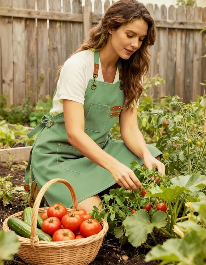 Chef Apron with Large Pockets for Women Men, Cotton Canvas Cross Back Water Repellent Adjustable Work Apron