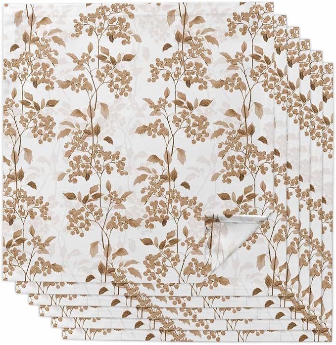 Brown Flower Cloth Napkins Set of 6 - Washable Dinner Napkins Reusable Table Napkins for Home Party Weeding Dining Table Setting Decoration,Oversized Spring Summer Retro Garden Herb Pastel Plant