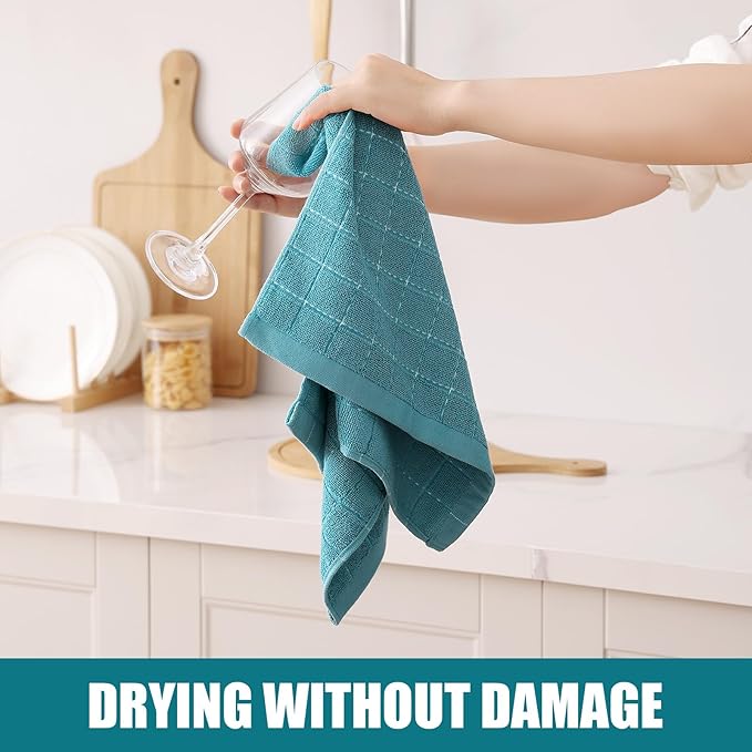 Homaxy 100% Cotton Terry Kitchen Towels(Lake Blue, 13 x 28 inches), Checkered Designed, Soft and Super Absorbent Dish Towels, 4 Pack