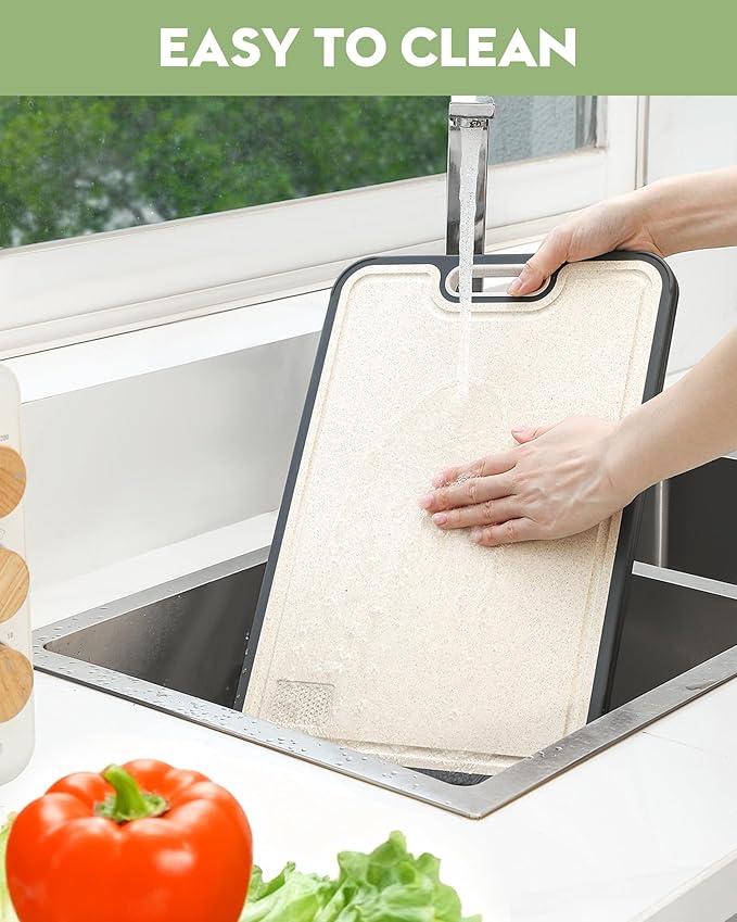 Titanium Cutting Board for Kitchen, Non Toxic Stainless Steel Cutting Board Double Sided, Food Grade Pure Titanium & Wheat Straw PP, Meat & Vegetable Chopping Boards, Scratch Resistant, Large 16”×11”