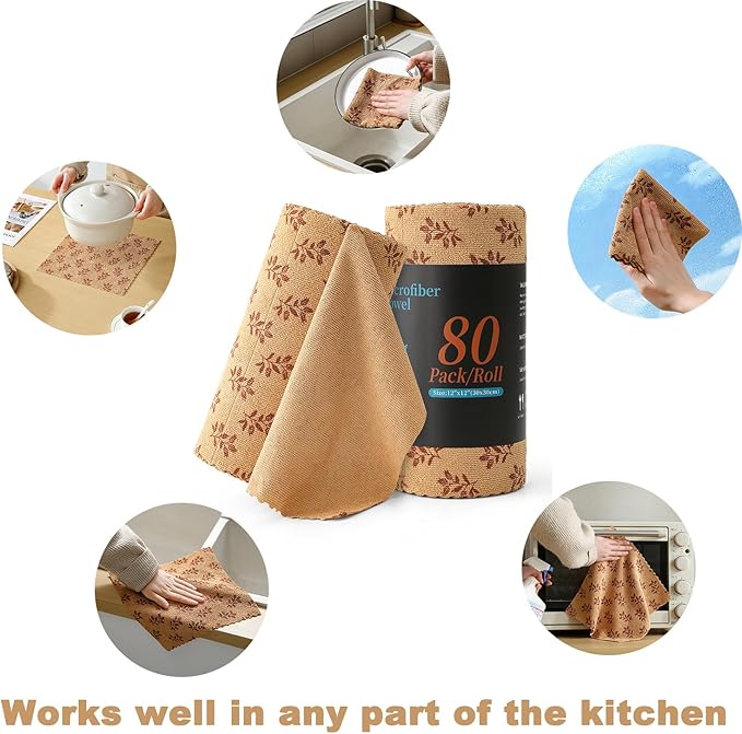 Microfiber Cleaning Cloth Roll,80 Pack Cleaning Towels,Lint Free Rags Paper Towels & Tear Away Reusable Towels,Washable Shop Rags Floral Wipe Cloth,Wash Cloths Dish Rags for Car Kitchen Window