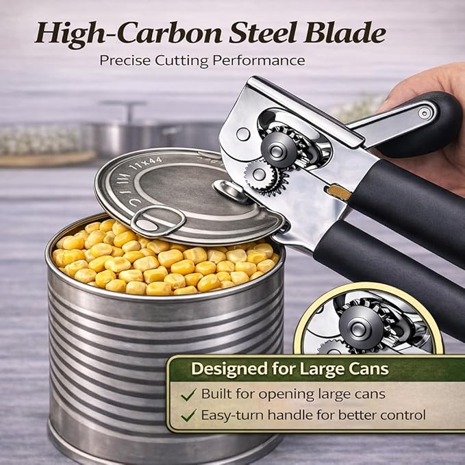 Commercial Can Opener, Heavy Duty Manual Can Opener for Large Cans, Hand Crank Can Opener with Magnetic Lid Lifter, Stainless Steel with Bottle Opener