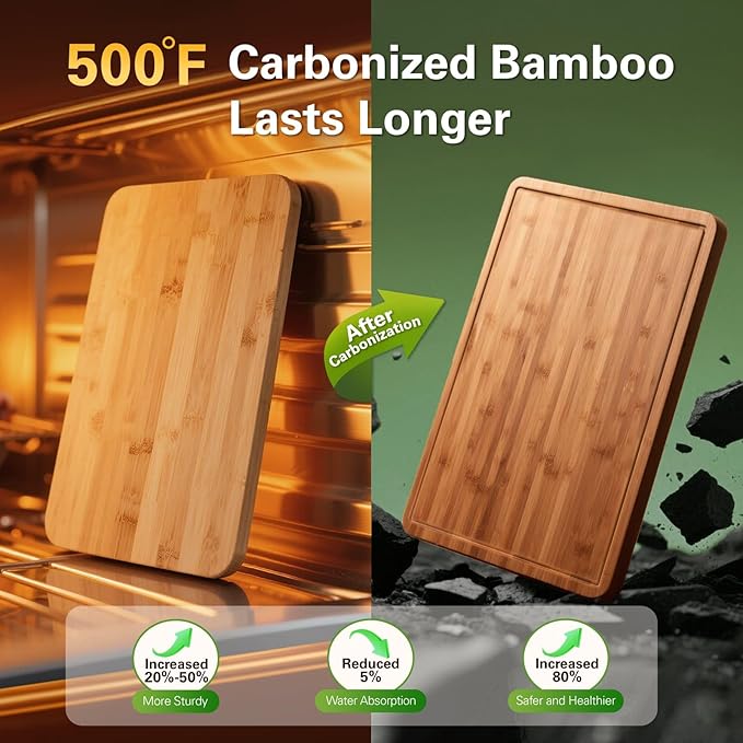 Zarler Bamboo Cutting Boards for Kitchen, 3 Piece Durable Wood Cutting Board with Juice Grooves and Handles, Wooden Chopping Board Set for Meal Prep, 500℉ Carbonized Bamboo, Ideal Kitchen Gift