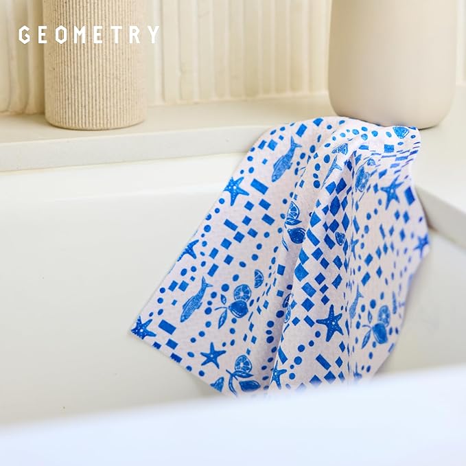 GEOMETRY Dishcloth – Spring & Summer Collection – Quick-Dry, Ultra-Absorbent, Reusable Microfiber Kitchen Towels for Drying & Cleaning - Santorini Tile - 3 Pack