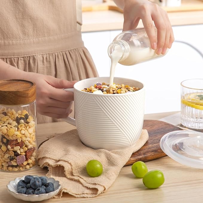 Ceramic Soup Bowl with Lid & Handle: 32 oz Microwave Safe Food Container for Ramen Noodles Cereal Leftovers - Extra Large Mugs for Breakfast Lunch Picnic Camping - White, Set of 1