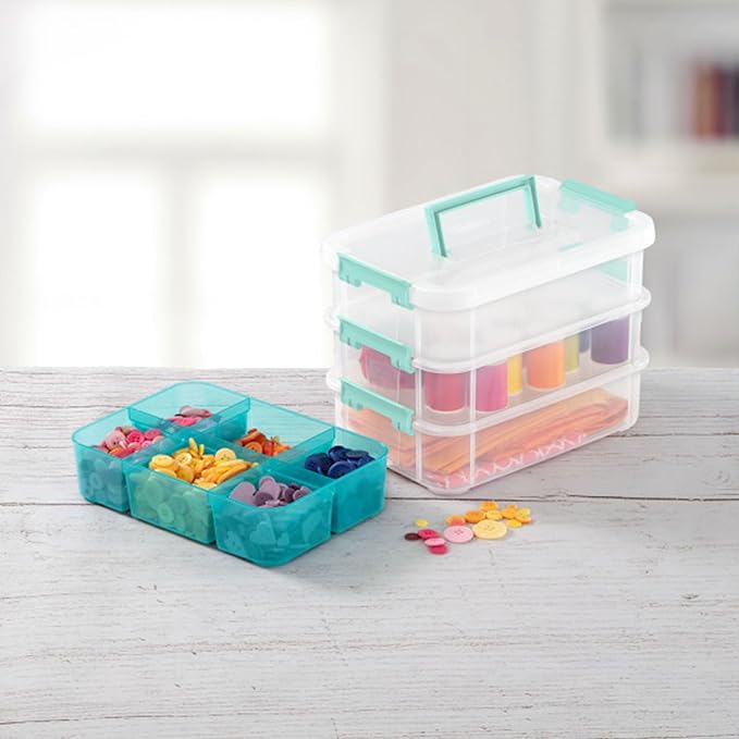 Sterilite 6 Pack Plastic Storage Box Container, 3 Layer, Stack and Carry, Clear/Blue