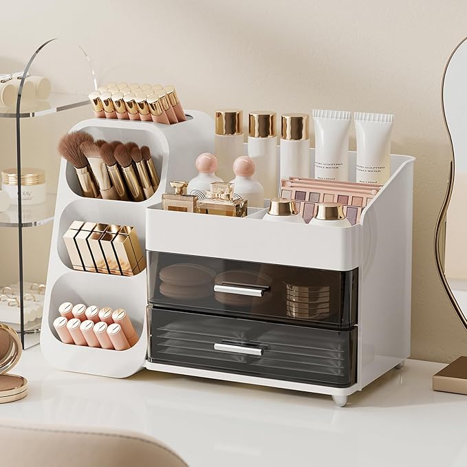 Makeup Organizer for Vanity with Brush Holder, Large Plastic Bathroom Countertop Skincare Organizer with 2 Drawers, Spacious Cosmetic Display Case for Perfumes, Eyeshadow Palettes, Nail Polishes