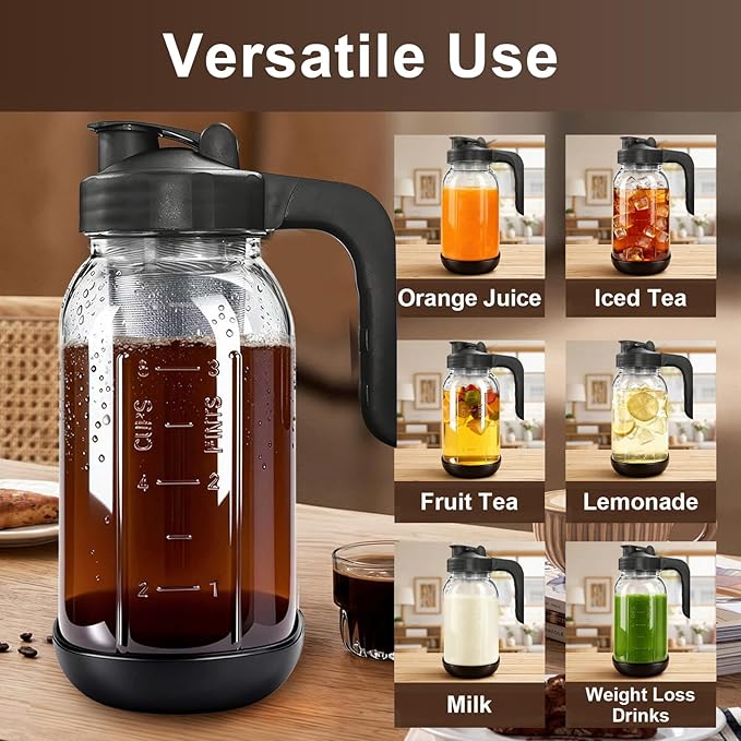 Cold Brew Coffee Maker,64 oz Mason Jar Pour Spout Lid, Coffee Carafe,Refillable Stainless Steel Filter,Non-slip Silicone Sleeve for Glass Pitcher, For Home Baristas & Coffee Enthusiasts