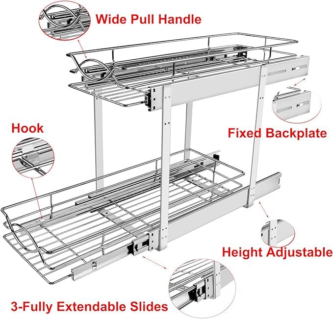 Sikarou Pull Out Cabinet Organizer 2-Tier Individual Slide Out Drawer Pantry Shelf Storage for Kitchen Base Cabinet Organization for Kitchen, Bathroom, Pantry, Chrome (2-Tie 7 * 21 in)