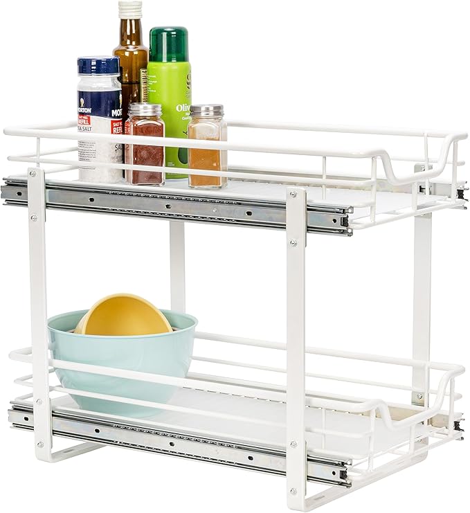 Household Essentials Glidez Multipurpose Powder-Coated Steel Pull-Out/Slide-Out Storage Organizer with Plastic Liners 2-Tier Dual-Slide Design, White