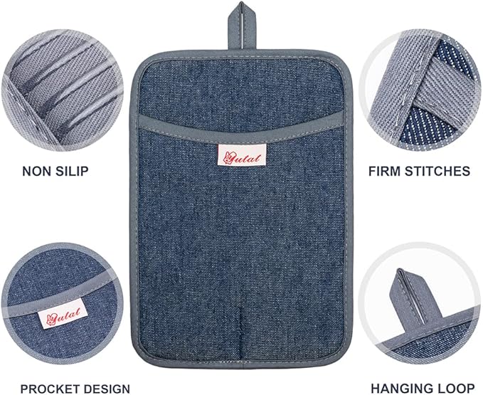 Yutat Oven Mitts, Pot Holders Set of 4 Made with Pure Cotton and Food Grade Non-Slip Silicone - 500 F Heat Resistant Oven Mitts and Pot Holders Sets for Kitchen Cooking (4pcs Set, Grey and Denim)