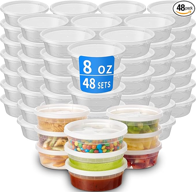 Plastic Deli Containers with Lids, 48 Sets 8oz Leakproof Soup Storage Containers for Family Soup & Leftovers, Round Meal Prep Cups, BPA Free, Microwave/Freezer/Dishwasher Safe