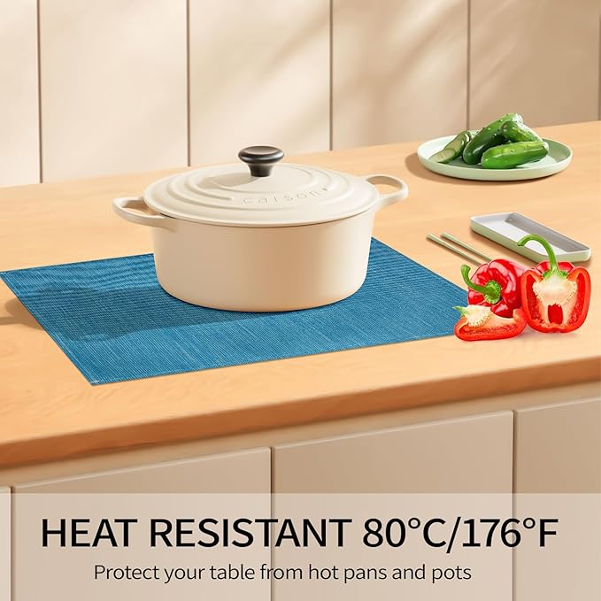 Blue Place Mats Set of 6, 12x18 Inch Heat-Resistant Washable Easy to Clean Place Mats, Faux Linen Cloth Table Mats Suitable for Indoor/Outdoor Parties & Kitchen Decor (Blue)