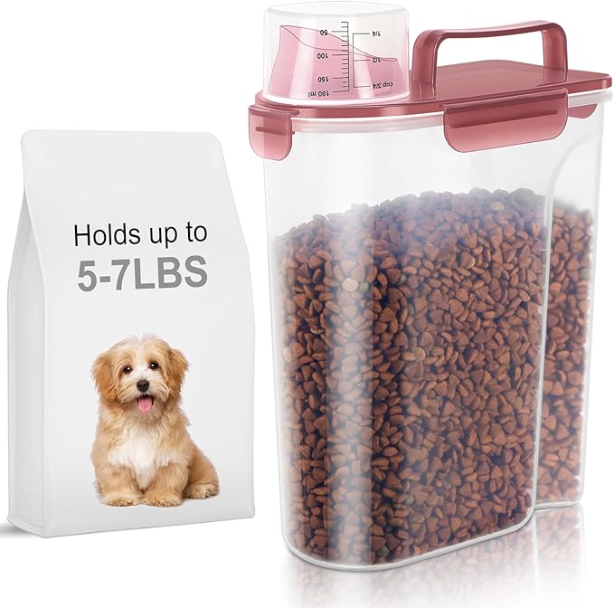 LEAWALK 5-7Lbs Dog Cat Food Storage Container with Upgraded Large Nozzle BPA-free, 4 Snap Seals Plastic Pet Food Storage Containers with Handles (Clear Pink, 5L-1pack)