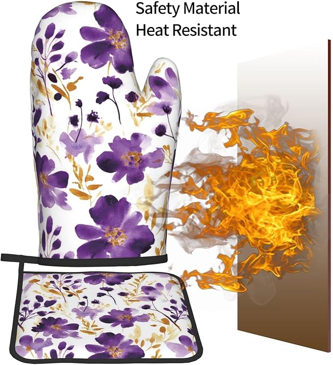 Spring Purple and Gold Floral Oven Mitts and Pot Holders Sets of 3, Non-Slip Heat Resistant Watercolor Flower Design Kitchen Gloves, Gifts for Women Cooking, Elegant Kitchen Decor for Baking Cooking
