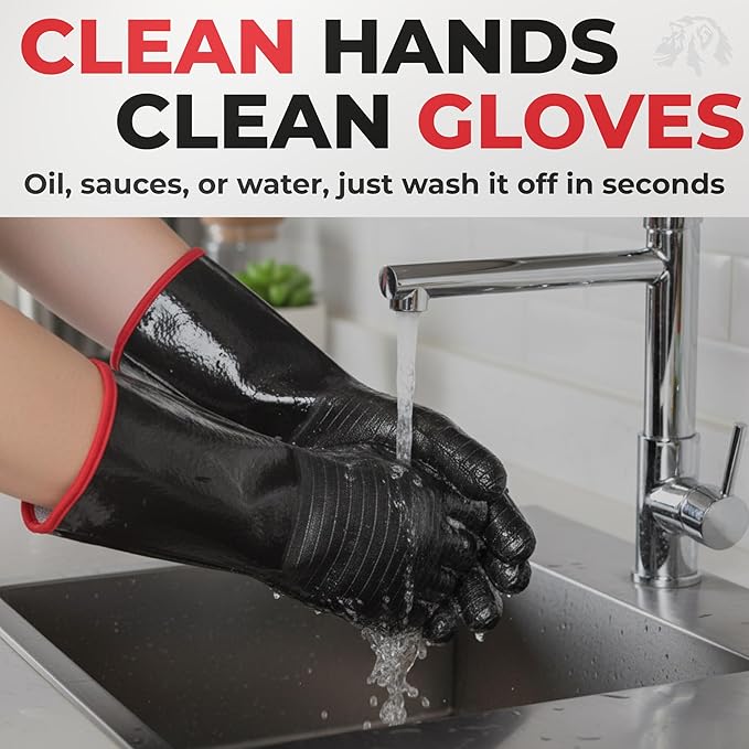 Jungle Eye 932°F Heat Resistant BBQ Grill Gloves: Neoprene Non-Slip Waterproof Heat & Oil Resistance for Grilling, Smoker, Cooking, Frying & Oven, 14" Long Sleeve Barbecue Gloves, Apron Included