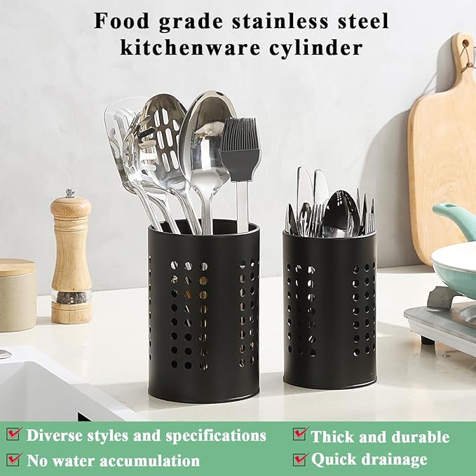 Berglander Kitchen Utensils Holder for Counter Top 2 Pieces, Black Stainless Steel Cutlery Holder, Kitchen Essentials Farmhouse Style Home Countertop Organizer