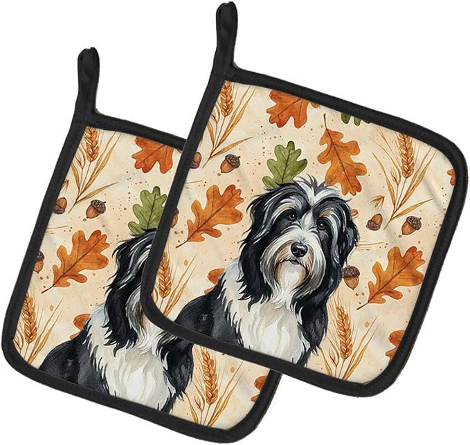Caroline's Treasures Black Bearded Collie Heirloom Fall Pair of Pot Holders Pair 7.5x7.5 Quilted Insulated Hot Pads Decorative Kitchen Gift Made in USA