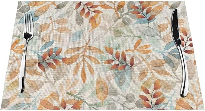 Fall Colourful Leave Placemats 12x18 Inch Set of 4, Beige Eucalyptus Leaves Table Place Mat Seasonal Autumn Washable Table Mats Decorative Linen Fabric Table Mat for Dining Table