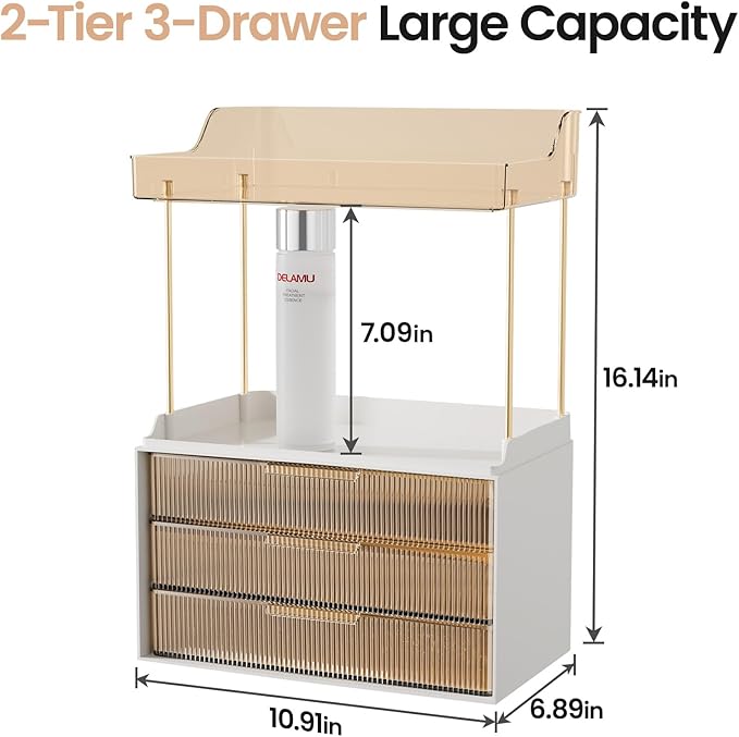 Delamu Bathroom Organizers and Storage, 2 Tier 3 Drawer Makeup Organizer Countertop, Easy to Install, Ideal for Bathroom Counter, Vanity, Ideal for Women Girls, Amber