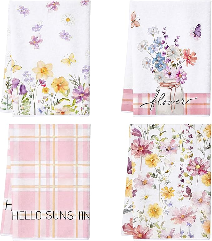 Spring Floral Kitchen Towels Set of 4 – 16×24 Inch Cute Watercolor Wildflower Butterfly Dish Towels, Soft Absorbent Hand Towels, Pink Spring Decor, Housewarming & Birthday Gift for Women