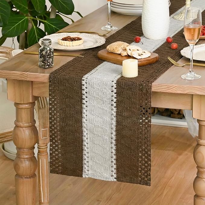 Artoid Mode Light Coffee Farmhouse Rustic Table Runner, Seasonal Hollow Kitchen Dining Table Decoration for Home Party Decor 12x60 Inch
