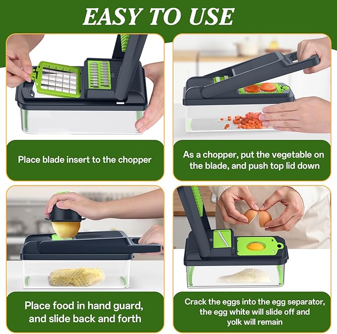 HomeHacks Vegetable Chopper Vegetable Cutter, 12 in 1 Kitchen Gadget, Dicer, Slicer, Onion Cutter, Salad, Cheese Grater & Egg Separator - Multi-Functional Veggie Chopper Lid with Handle (Green)