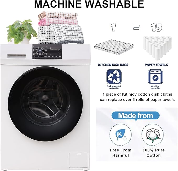 Kitinjoy Cotton 8 Pack Terry Kitchen Towels, 16 x 25 Inches Super Soft and Absorbent Dish Towels, Quick Drying Hand Towels for Kitchen Drying, Black