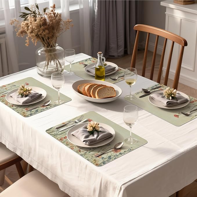 Vinyl Placemats Set of 6-12x17 Inch - Heat Resistant Washable Place Mats Waterproof Non-Slip Wipeable Table Mats for Dining Table Decor, Spring Outdoor Plastic Placemat