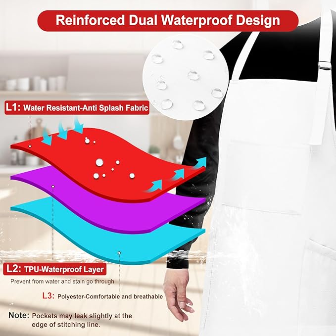 SHEOMERN 3 Pcs Dual Waterproof Oilproof Kitchen Chef Aprons with 4 Pockets for Men Women, Adjustable Soft Anti-Tear Cooking Bib Apron for Baking Grilling BBQ Painting Cleaning (White)